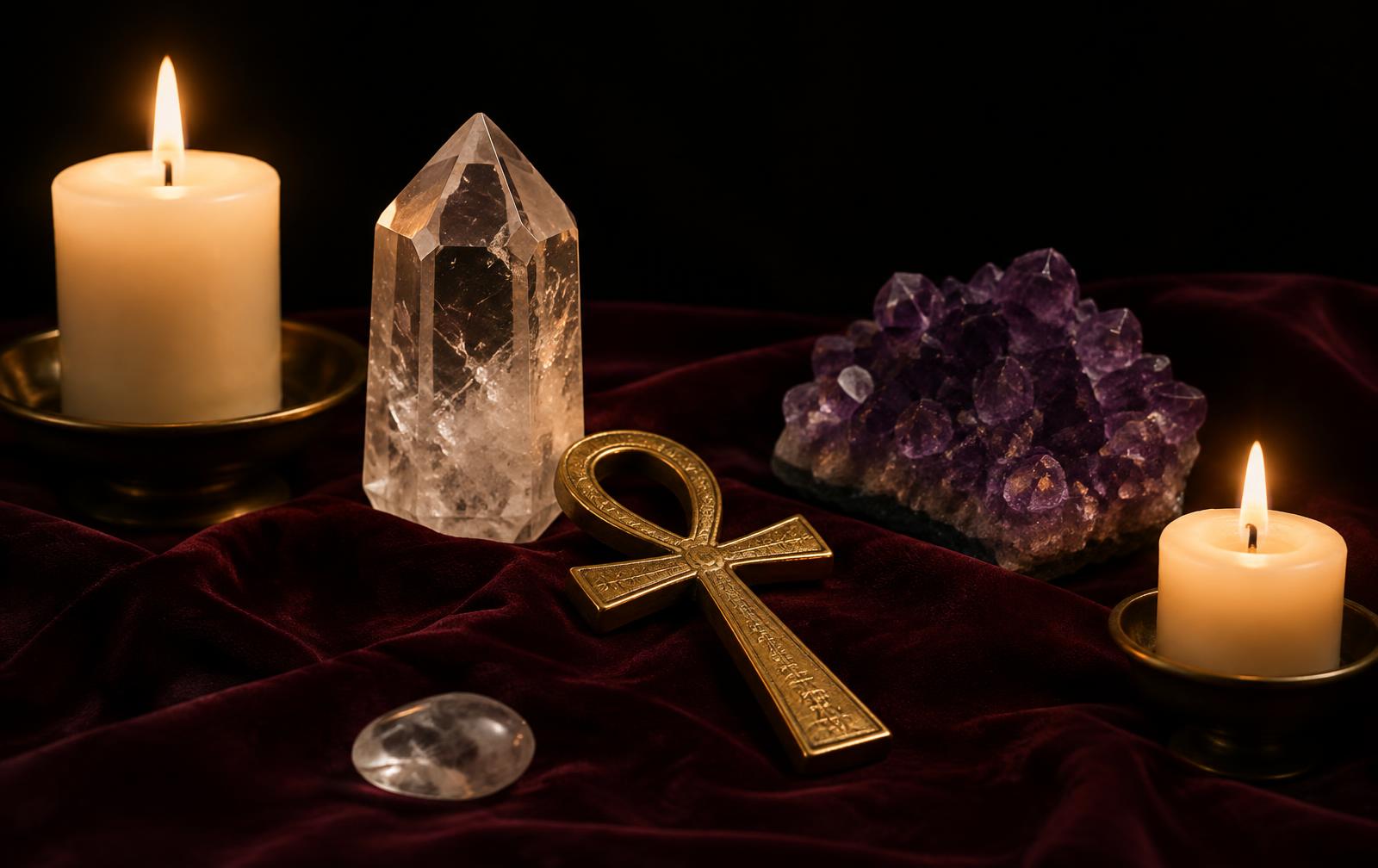 Velas, cristales y cruz Ankh sobre terciopelo borgoña